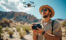 a man wearing sunglasses and a hat is looking up with a remote flying above him