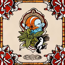 a painting that has been altered to look like an art work,a colorful tile with a drawing of a bird and flowers