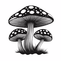 several black and white mushrooms sitting on top of grass