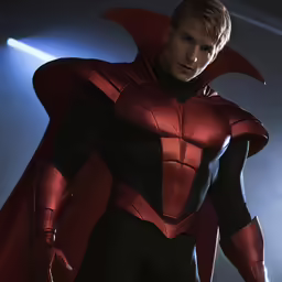 a man in a red and black costume stands alone in a light filled room