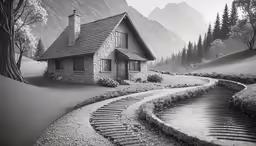 a mountain cabin with mountains in the background