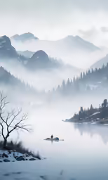 a view of mountains and water surrounded by snow