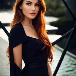 a beautiful woman in black posing with long red hair