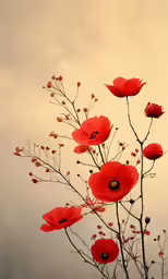 a group of bright red flowers with some stems sticking out of it