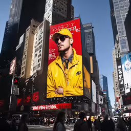 a large billboard with a yellow jacket and cap