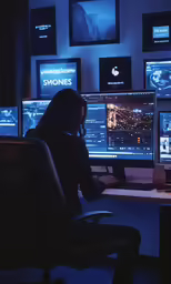 a person sitting in a chair looking at multiple computers