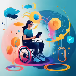 a painting of a woman in a wheel chair using her tablet