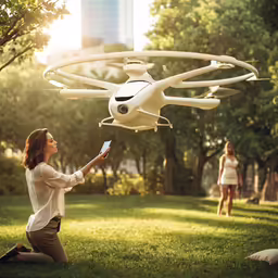 a woman holds up her remote control helicopter in the park
