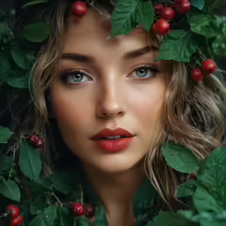 a beautiful woman in green leaves wearing lipstick