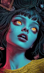 a digital drawing of a woman with orange eyes