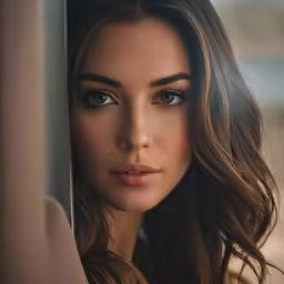 a woman standing by a window wearing a headband and looking at the camera