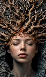 a girl has roots on her head and is laying down