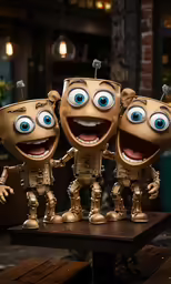 three toy figures of three children with large eyes on them