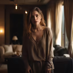 young woman standing in front of the light inside of a living room
