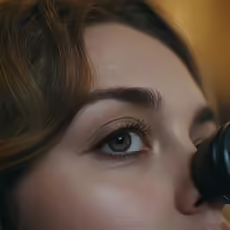 woman with light hair and large lashes using the lens of a microscope
