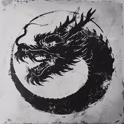 an illustration of a dragon in a circular,a picture of a dragon, drawn in black ink on white paper