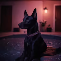 the dog is in his pool at night