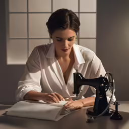 a young woman sits at a sewing machine and looks over the paper