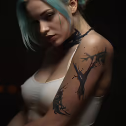 a woman with blue hair has tattoos on her shoulder