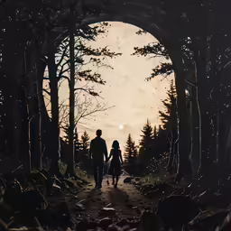 man and child walking down the pathway into an arch