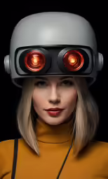 a woman wearing a helmet with two red lights