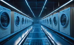 rows of washers lined up in a room