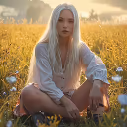 blonde girl sitting in the middle of a field of wildflowers