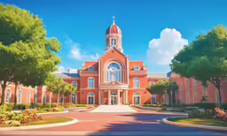 a painting of an old church in a nice scene