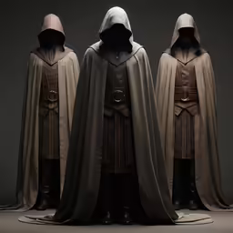 three men with cloaks standing in front of a dark background