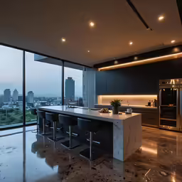 a kitchen with an island table surrounded by black chairs