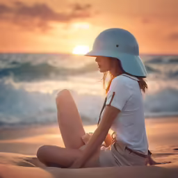 woman in a helmet sits on a beach
