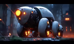 robot robot rides through a dark background with light beams