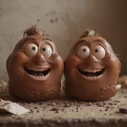 two little clay faces sitting next to each other