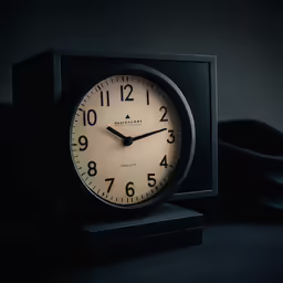 a square black clock with its illuminated hands