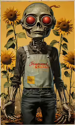 a painting of a skeleton in overalls and red eyes
