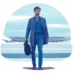 a man standing next to some water and wearing blue pants
