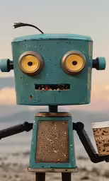 a small blue robot with big eyes