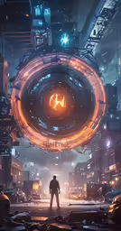 a man standing in front of a futuristic city