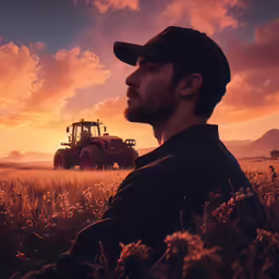 the image shows a man with a hat and a tractor at sunset