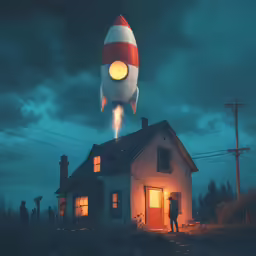 a rocket ship launching out of a house
