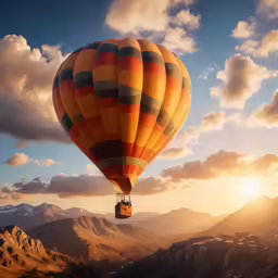 hot air balloon flying through the sky with mountain backdrop