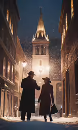 two people in coats and hats are walking down a snowy street