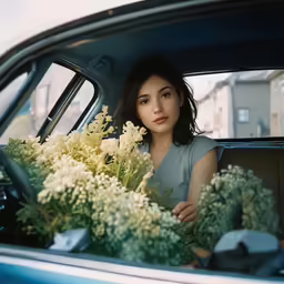 a woman sitting inside the car next to flowers