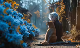 a woman sitting in the woods with her dog