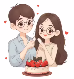 a couple eating a strawberry cake together