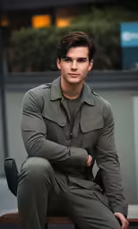young male in military outfit sitting on a bench