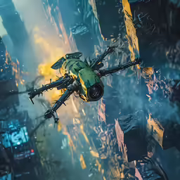 a large alien flying over the city in the air