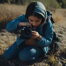 a woman sitting on the ground holding a camera