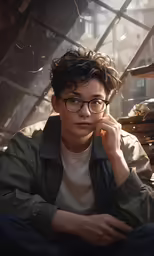 a boy wearing glasses leaning against a wooden bench