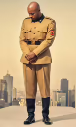 a large black man in uniform stands on a ledge